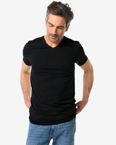 heren t-shirt slim fit v-hals extra lang zwart M - 34276874 - HEMA