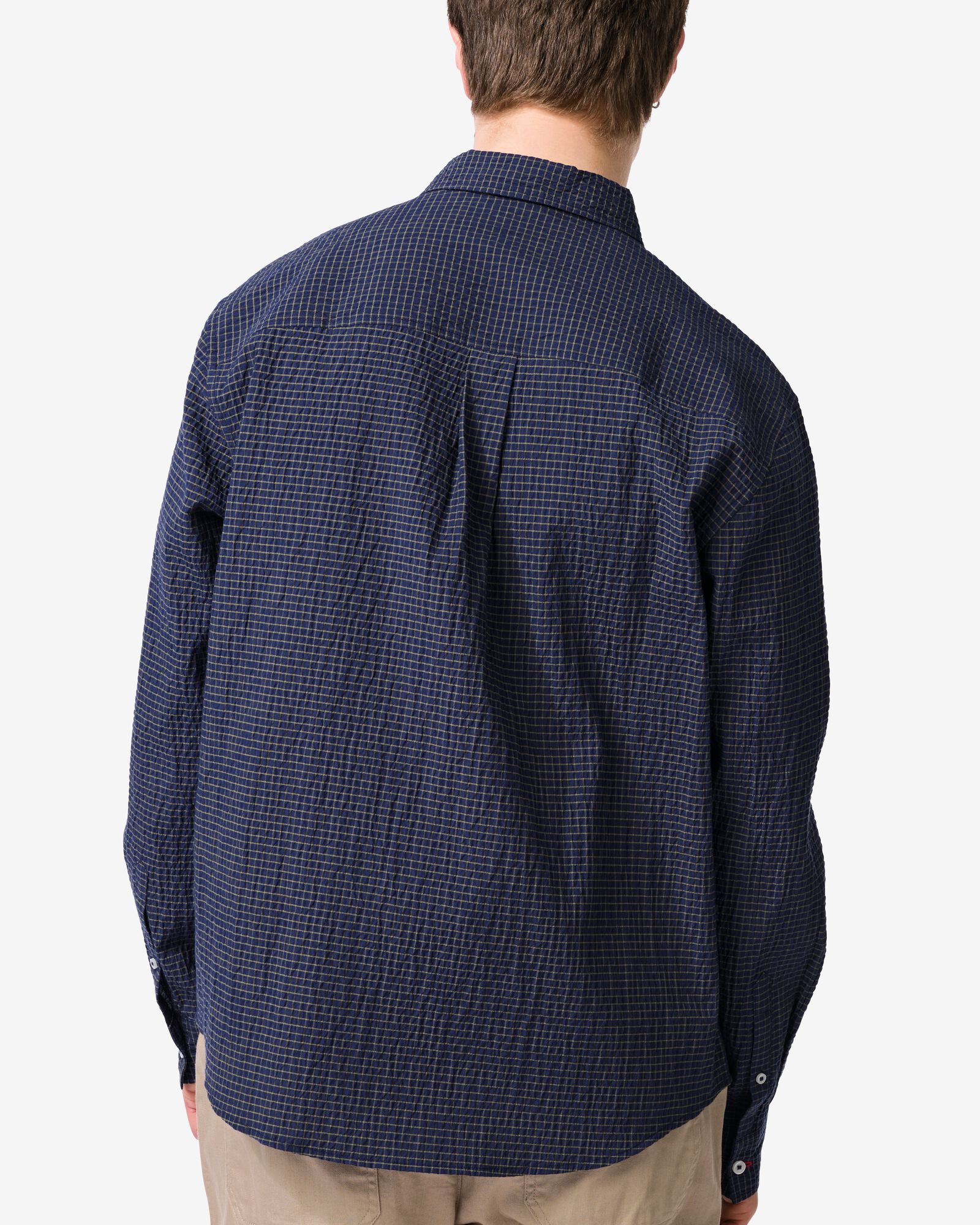 herenoverhemd Maurice seersucker blokken donkerblauw donkerblauw - 2140010DARKBLUE - HEMA