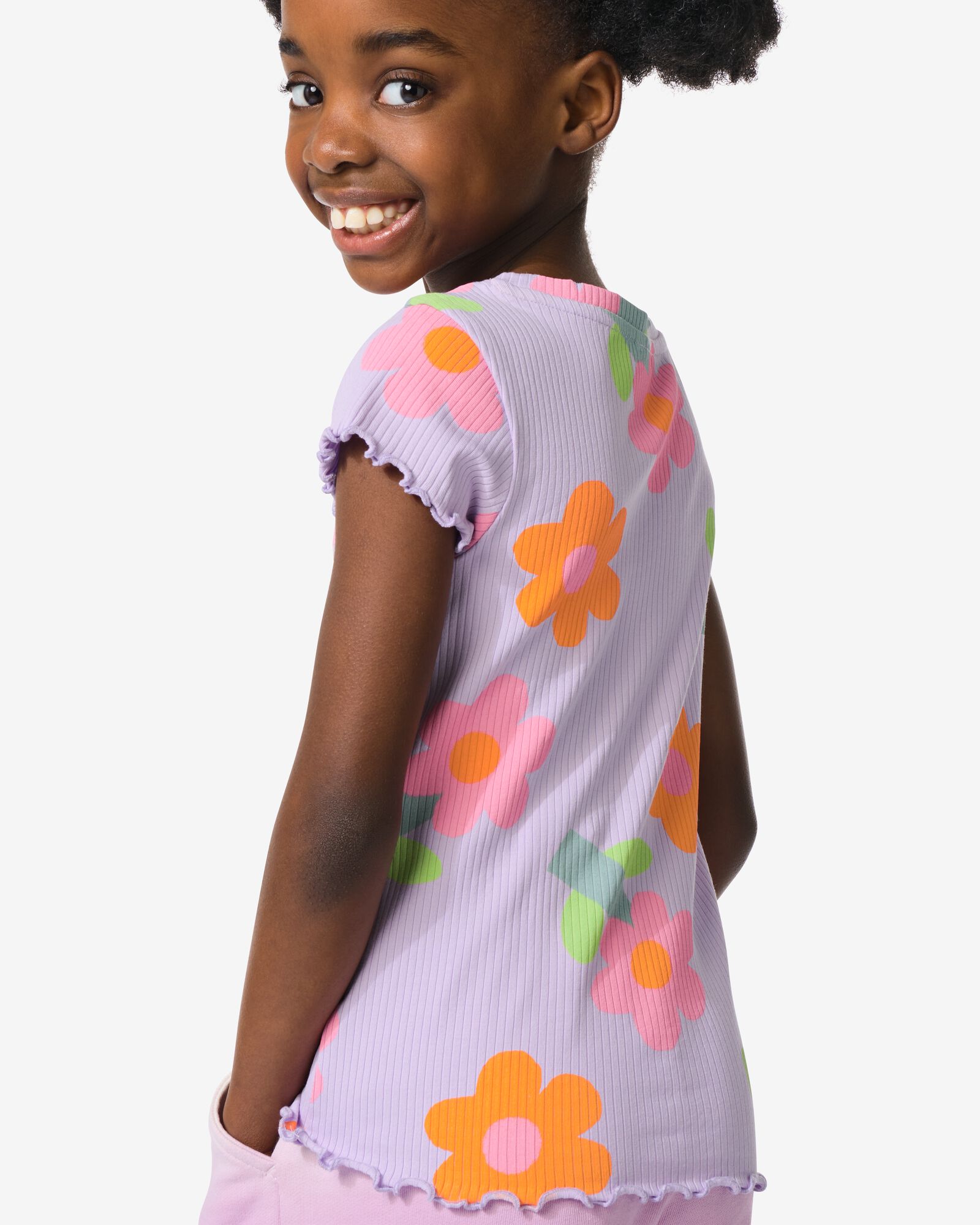 Kinder-T-Shirt gerippt mit Blumen violett - 30857145PURPLE - HEMA