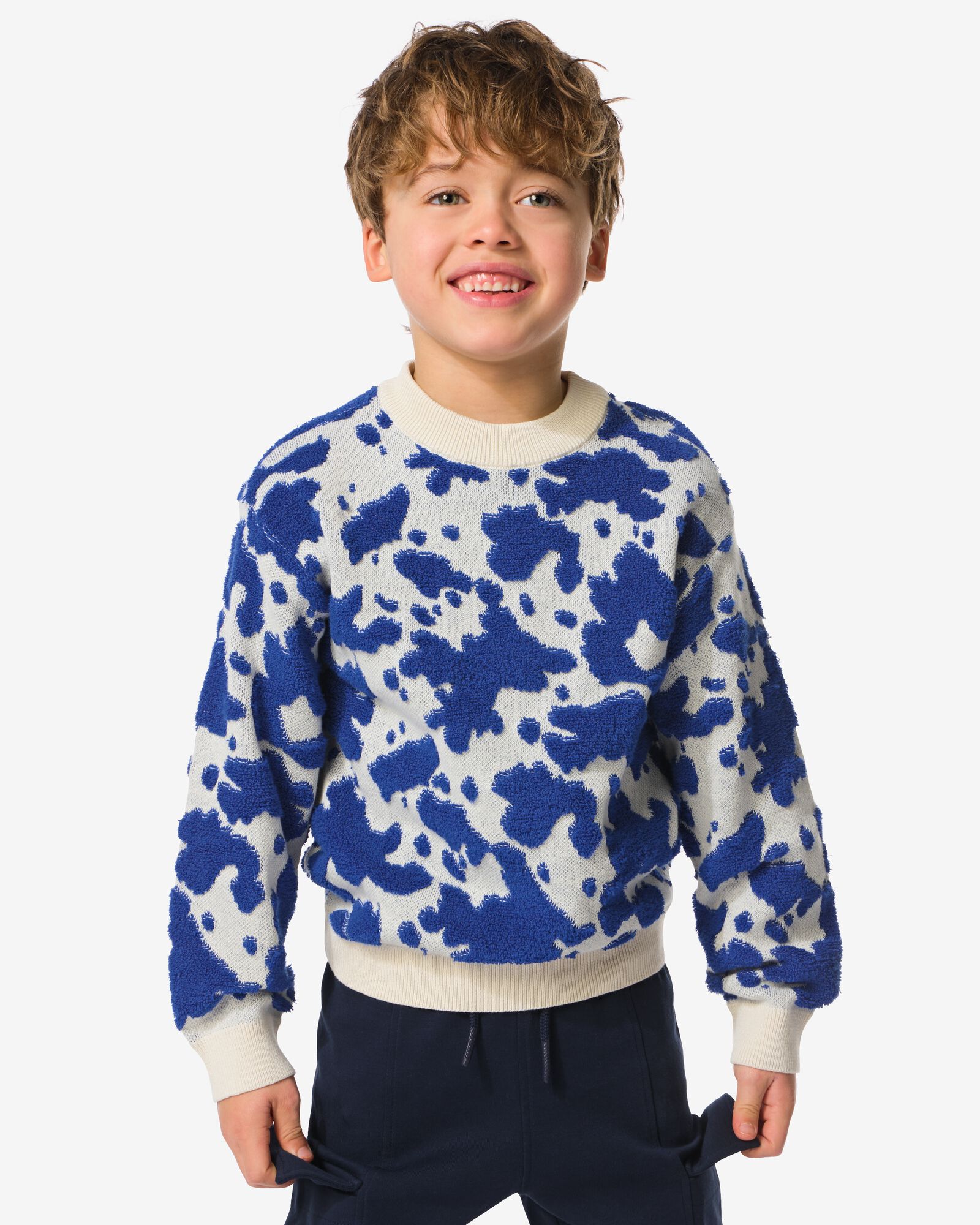kindertrui gebreid koeienprint blauw - 30718717BLUE - HEMA