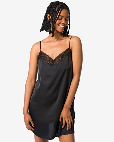 damesnachthemd satijn met kant zwart - 23404630BLACK - HEMA