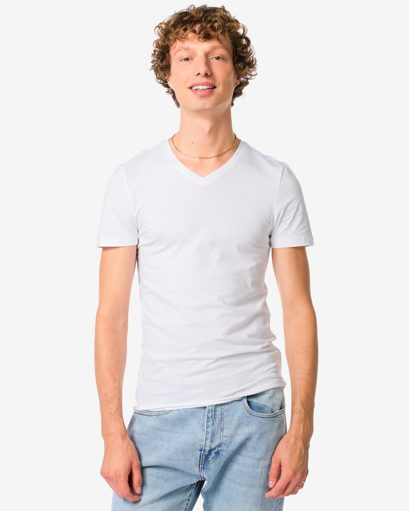 heren T-shirts slimfit v-hals - 2 stuks wit wit - 34290620WHITE - HEMA
