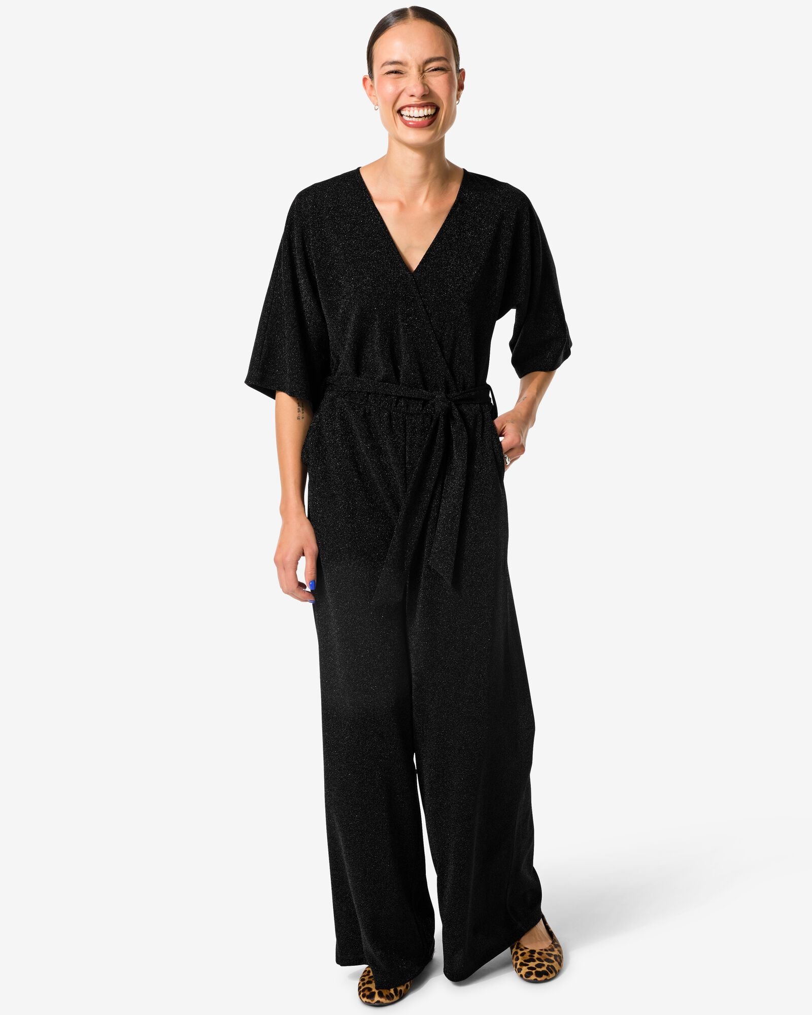 damesjumpsuit Esther met overslag glitter zwart - 36206130BLACK - HEMA