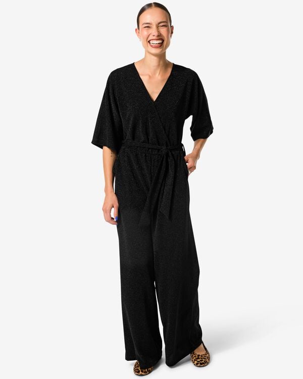 damesjumpsuit Esther met overslag glitter zwart - 36206130BLACK - HEMA