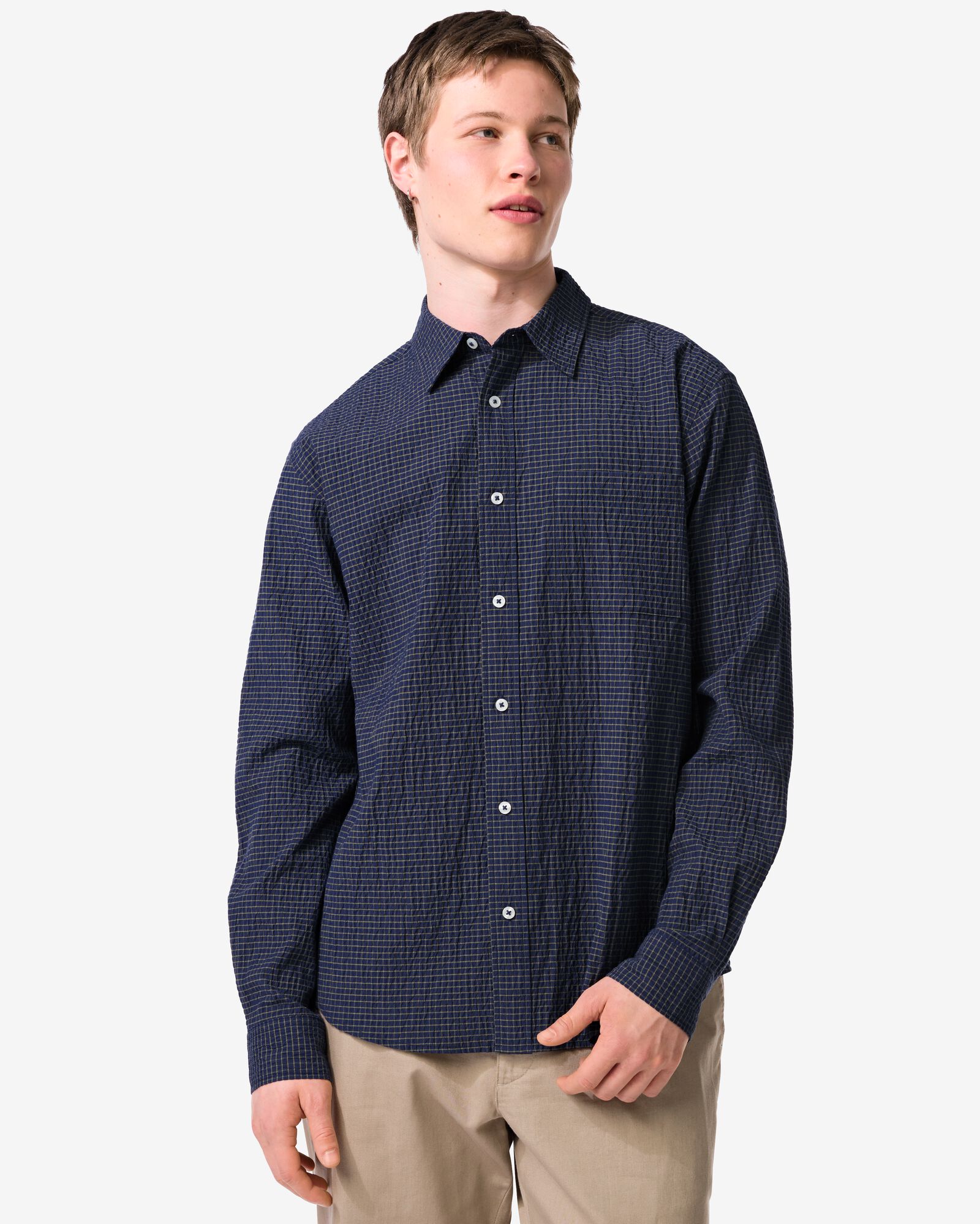 Herren-Oberhemd Maurice Seersucker Blockmuster dunkelblau dunkelblau - 2140010DARKBLUE - HEMA