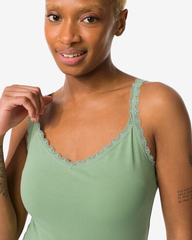 débardeur femme stretch coton avec dentelle vert moyen L - 19640590 - HEMA