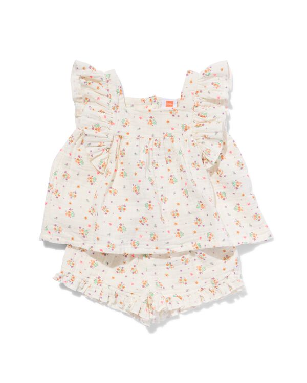 baby kledingset tuniek en short mousseline bloemen gebroken wit gebroken wit - 33047550OFFWHITE - HEMA