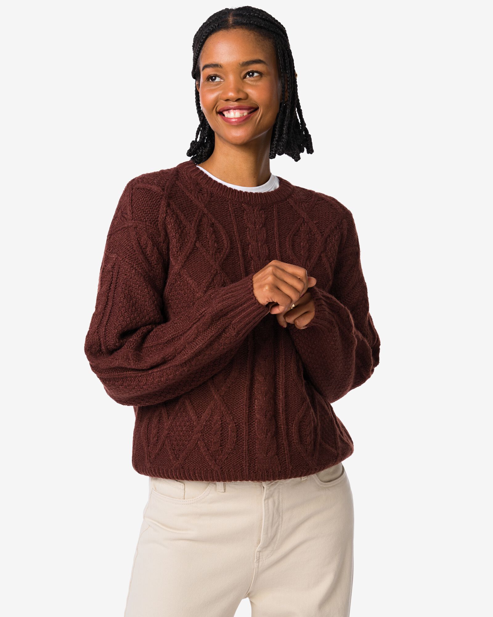 dames kabeltrui Helly bruin - 36204950BROWN - HEMA