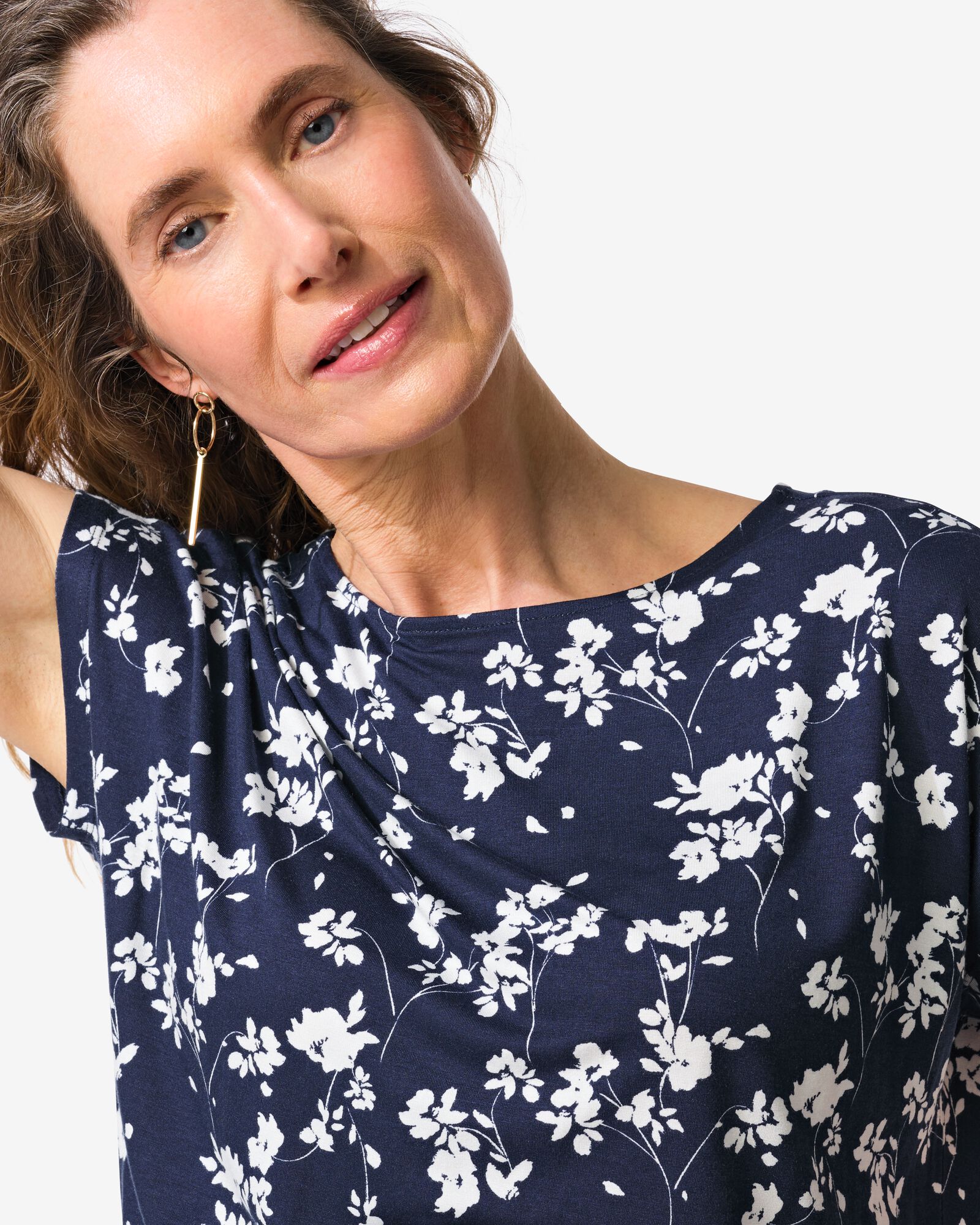 dames T-shirt Amelie jersey bloemen donkerblauw donkerblauw - 36304160DARKBLUE - HEMA