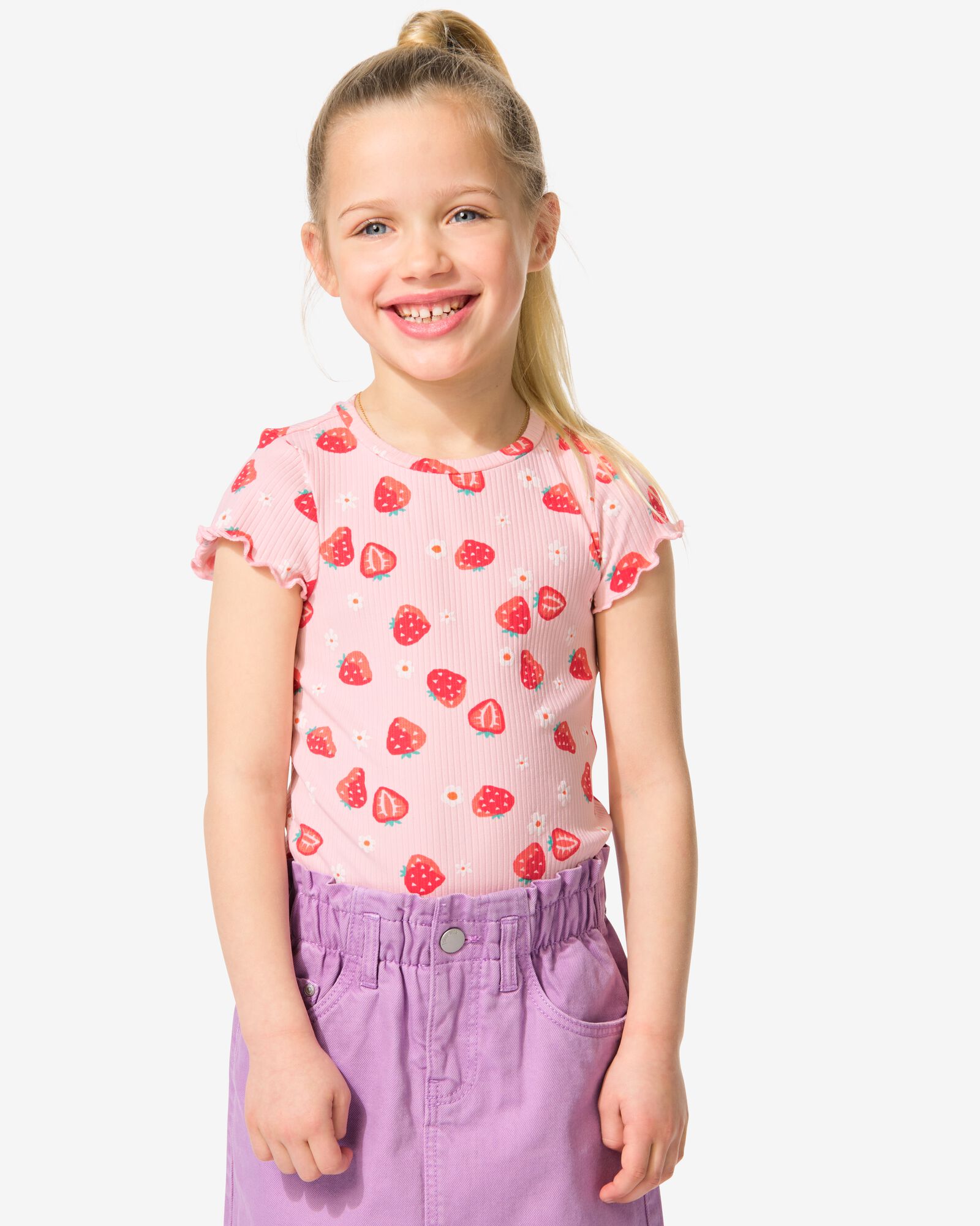 kinder T-shirt rib aardbei roze - 30817853PINK - HEMA