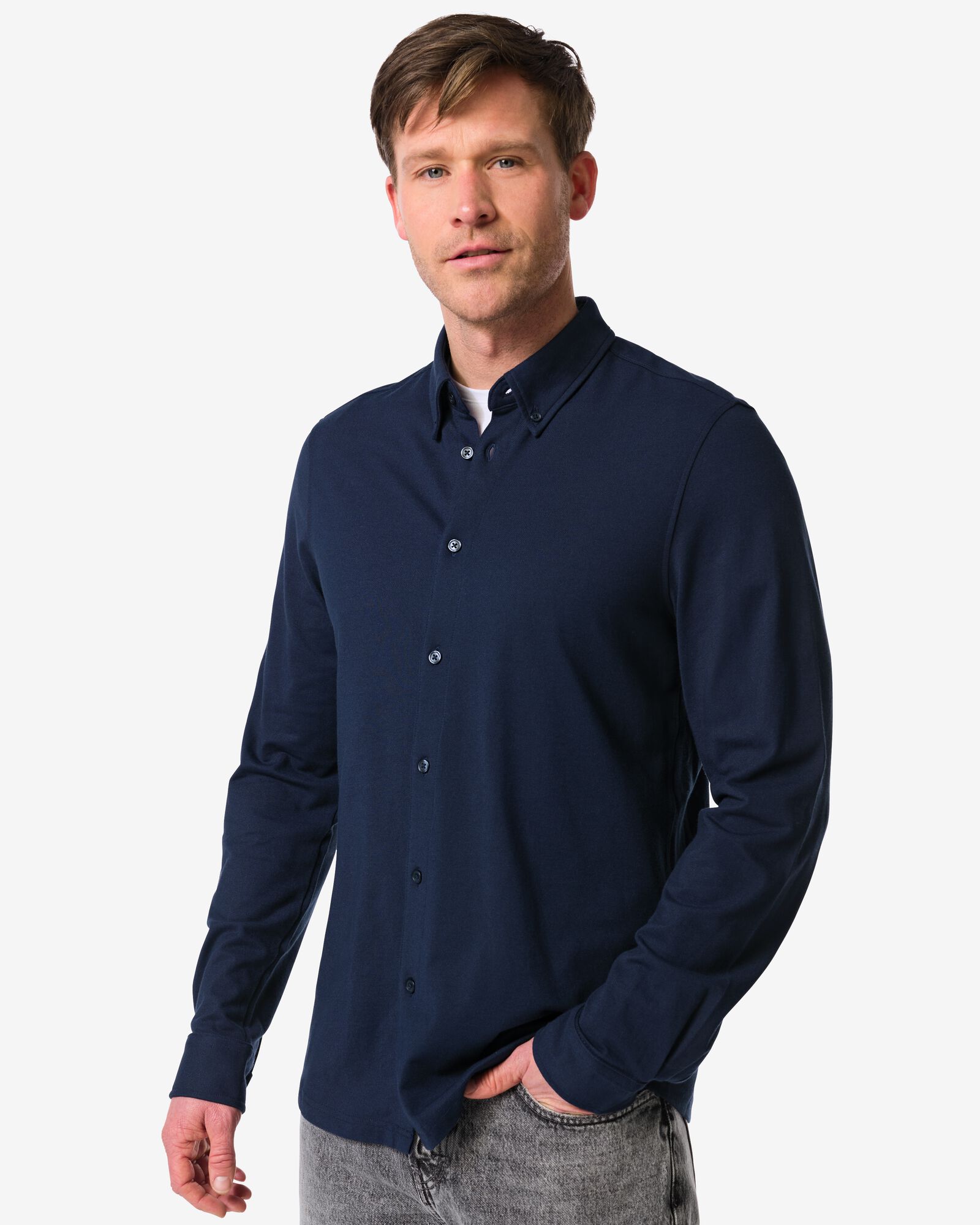 herenoverhemd Billy piqu&eacute; donkerblauw donkerblauw - 2101770DARKBLUE - HEMA