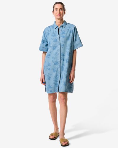 damesjurk wijd bloemen denim denim - 36208770DENIM - HEMA