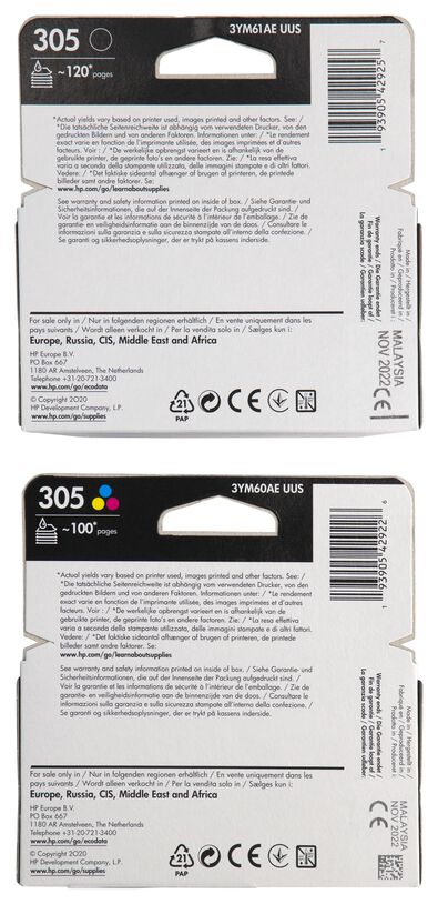 cartridge HP 305 zwart/kleur - 2 stuks - 38300107 - HEMA
