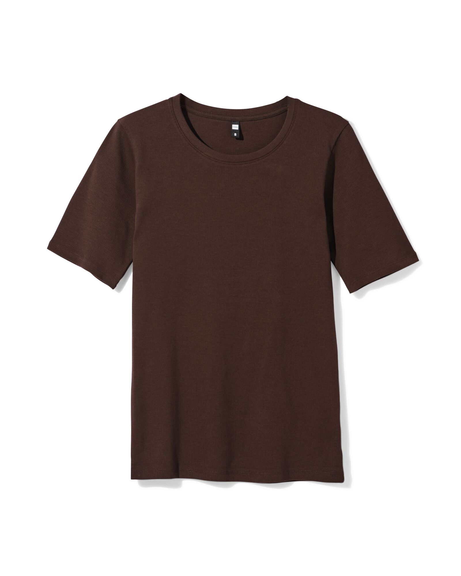 dames T-shirt Clara regular fit rib donkerbruin donkerbruin - 36304290DARKBROWN - HEMA