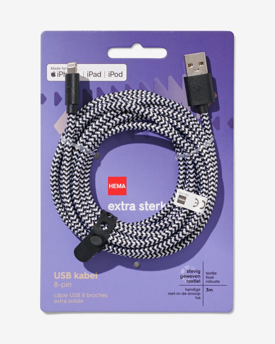 câble chargeur USB 8 broches 3m - 39630049 - HEMA