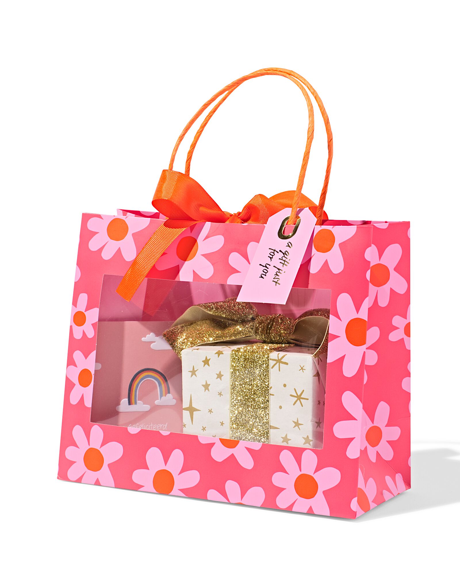 cadeautas 24x20x11cm bloemenprint met venster roze/oranje   - 61100300 - HEMA