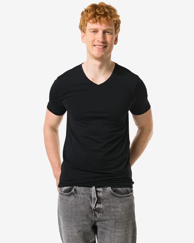 heren T-shirts slimfit v-hals extra lang - 2 stuks zwart zwart - 34290650BLACK - HEMA