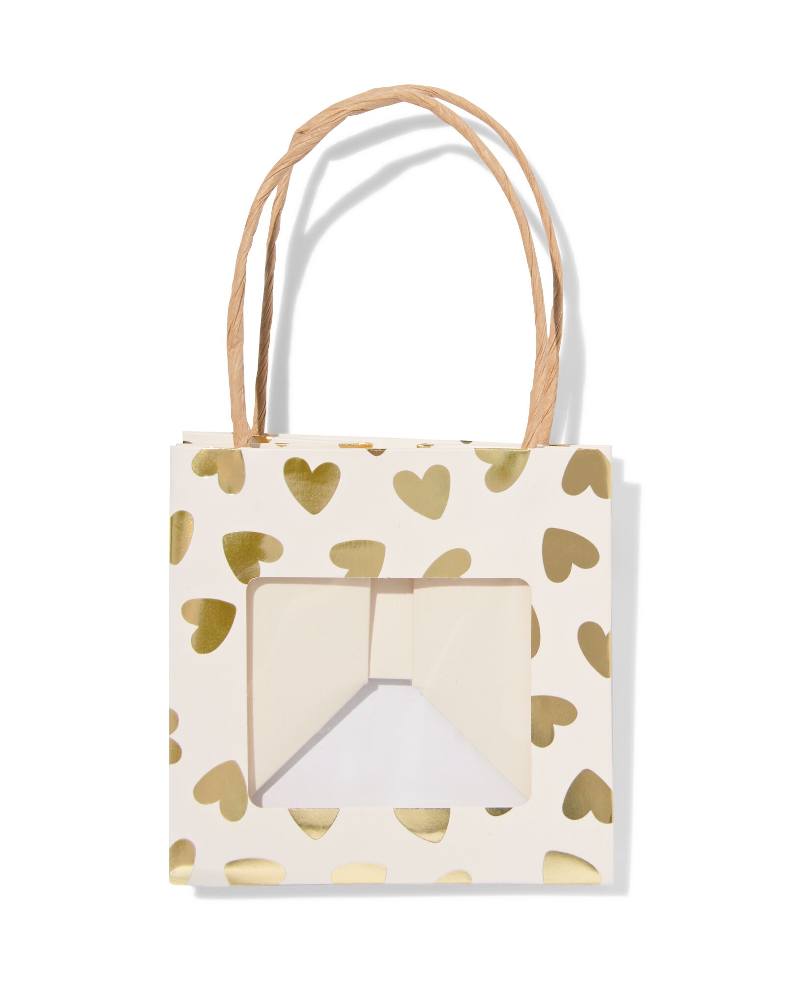 sac cadeau avec fen&ecirc;tre 10x11x11cm blanc c&oelig;urs dor&eacute; - 61100426 - HEMA