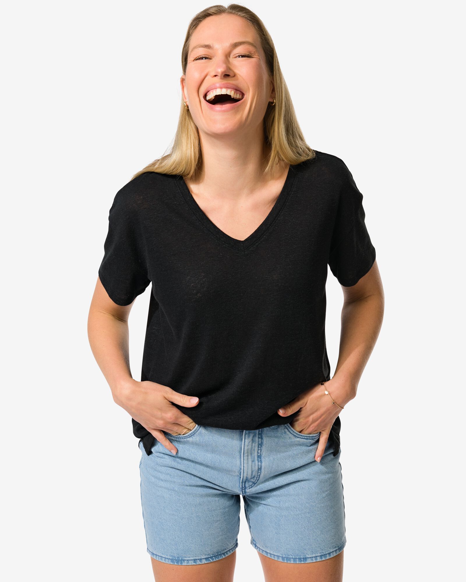 t-shirt femme Evie avec lin noir noir - 36263550BLACK - HEMA