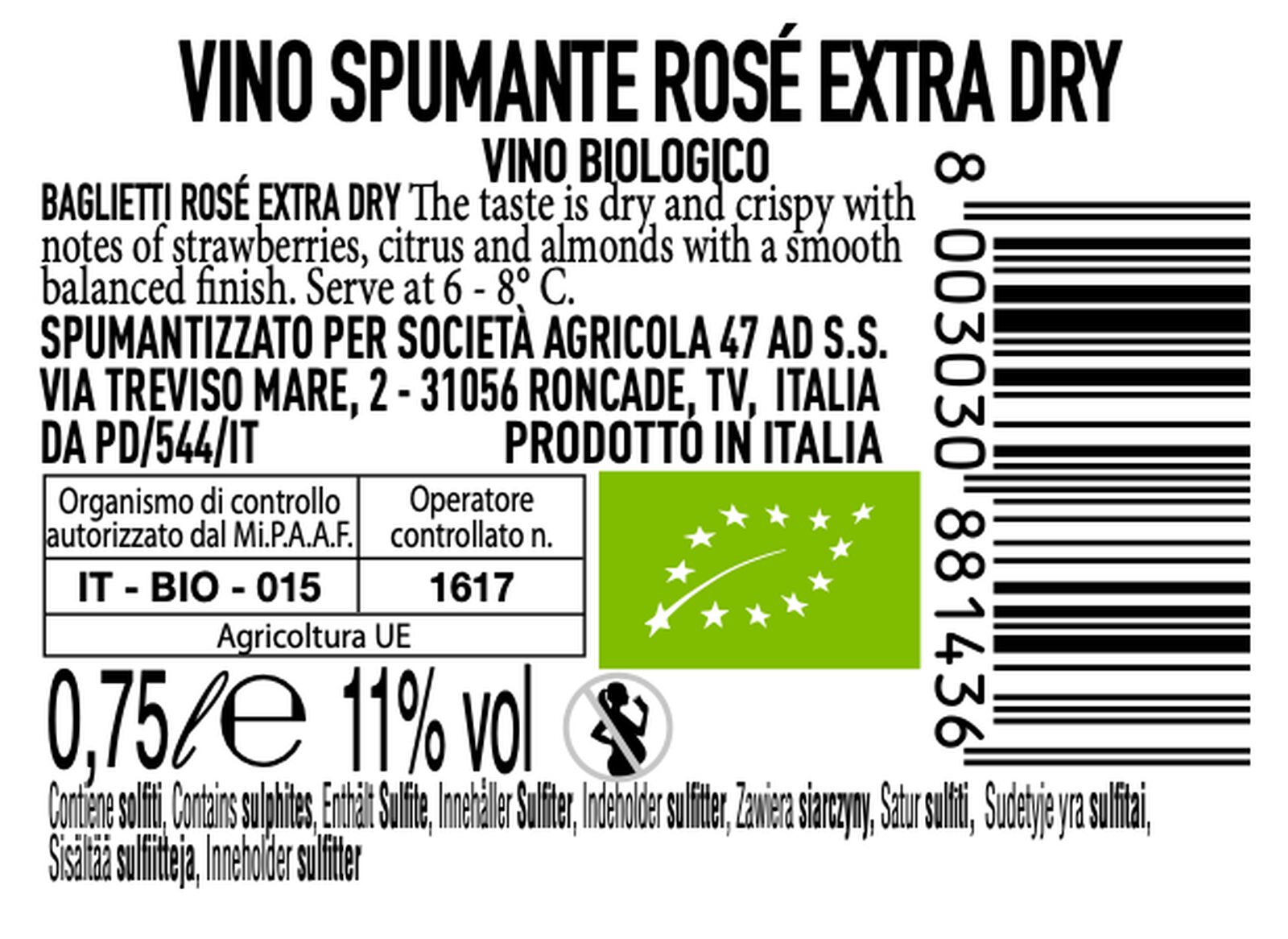Baglietti Extra Dry Rosé Spumante N°7 biologique 0.75L - 17390161 - HEMA