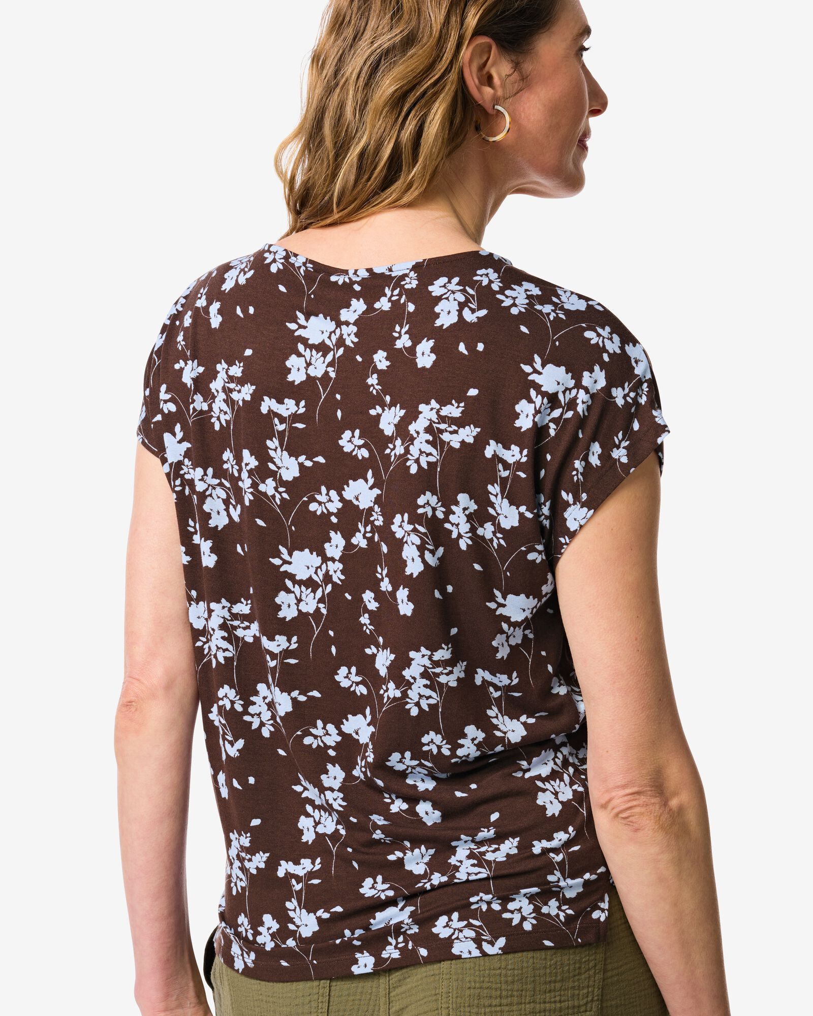 dames T-shirt Amelie jersey bloemen donkerbruin - 36304150DARKBROWN - HEMA
