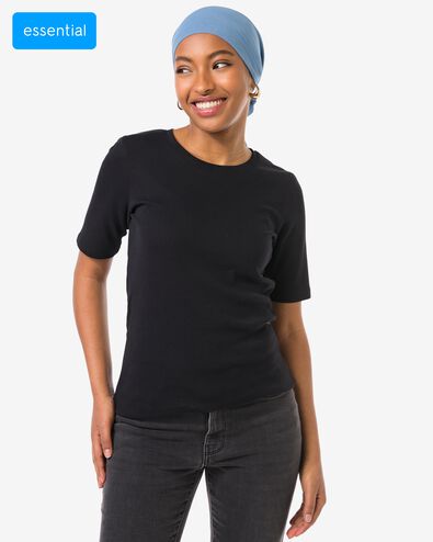 dames T-shirt Clara rib zwart zwart - 36259050BLACK - HEMA