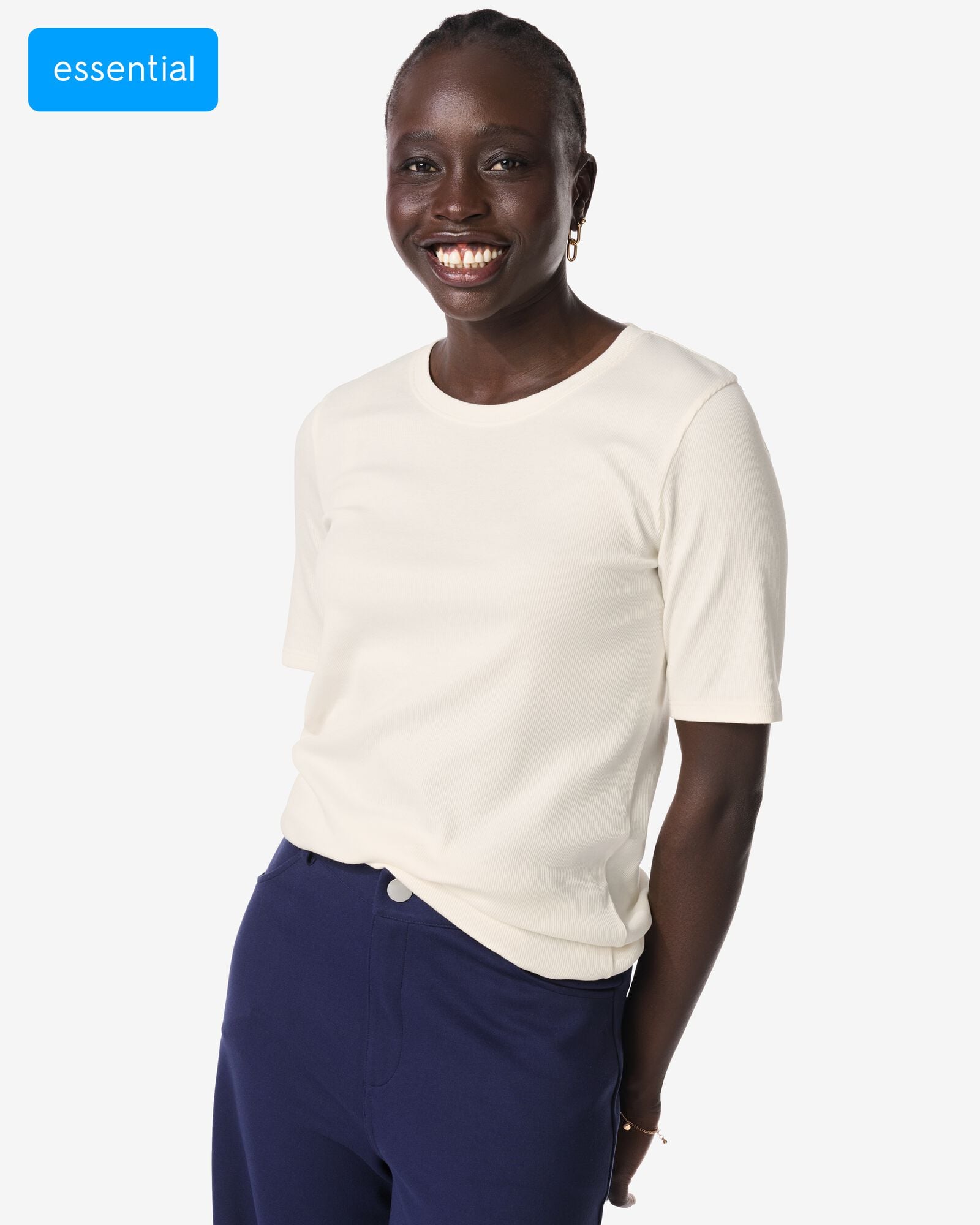 dames T-shirt Clara rib wit wit - 36259250WHITE - HEMA