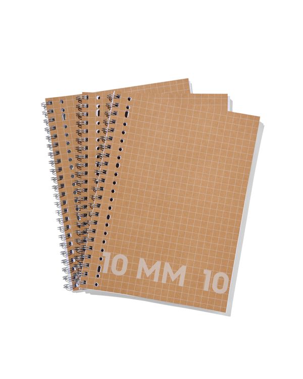 3 cahiers à spirale kraft format A4 - à carreaux 10mm - 14120271 - HEMA