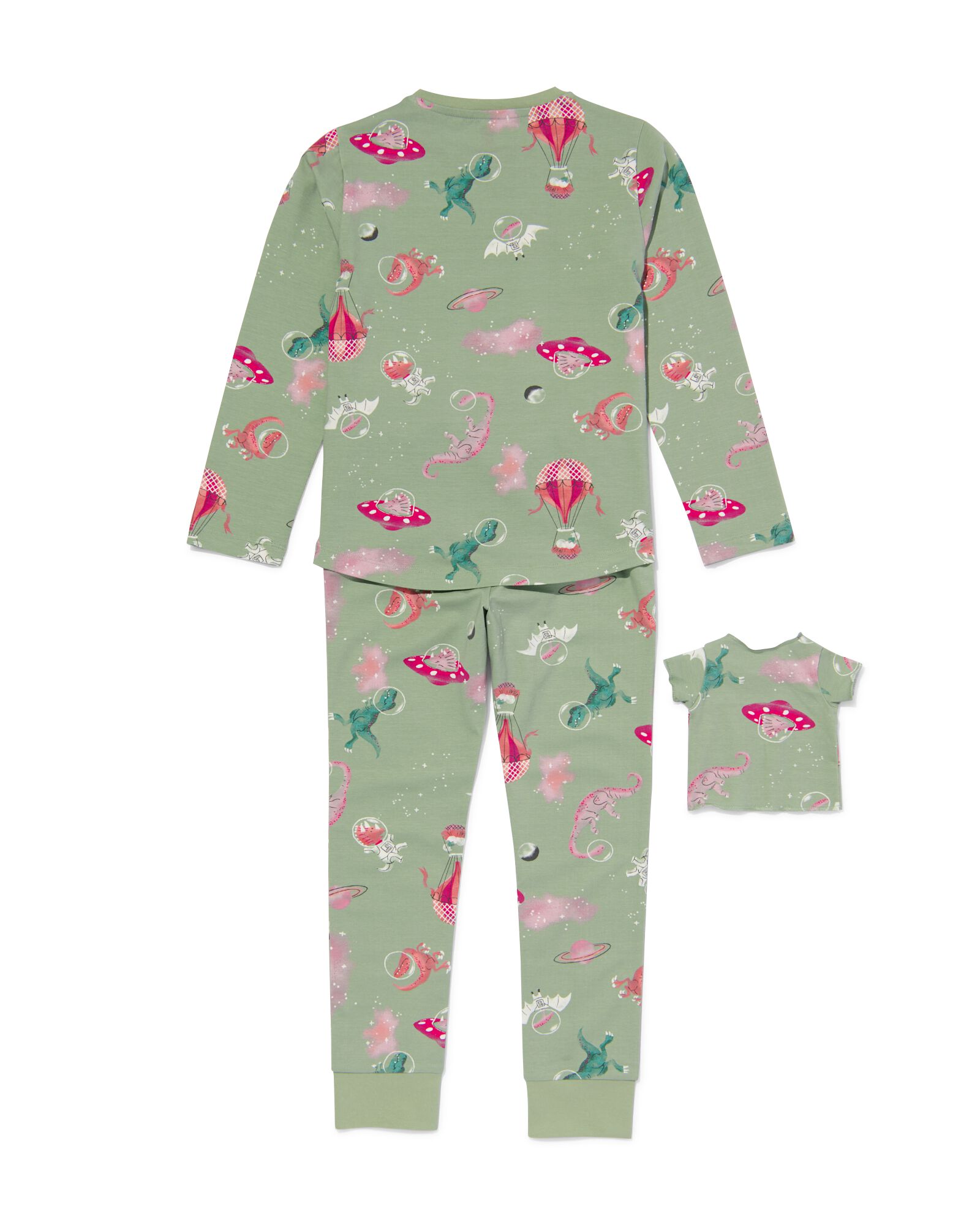 Kinder-Pyjama mit Puppen-Nachthemd, Dinosaurier hellgrün 122/128 - 23070683 - HEMA