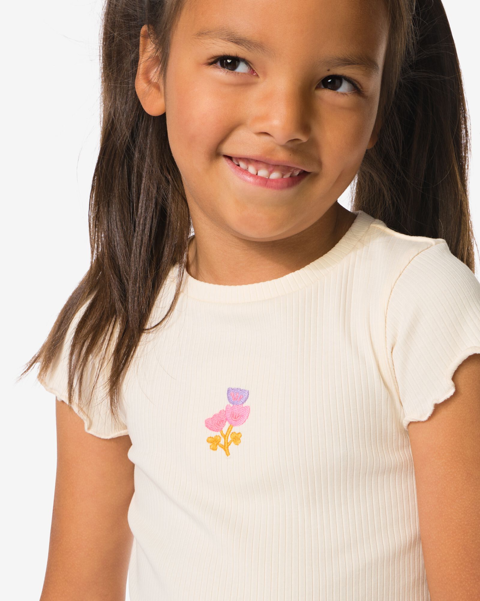 Kinder-T-Shirt gerippt mit Blumen ecru ecru - 30846424ECRU - HEMA