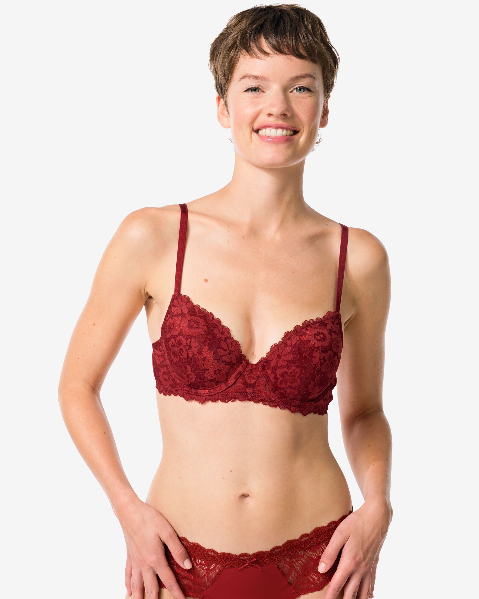 voorgevormde kanten bh met beugel donkerrood donkerrood - 21801015DARKRED - HEMA