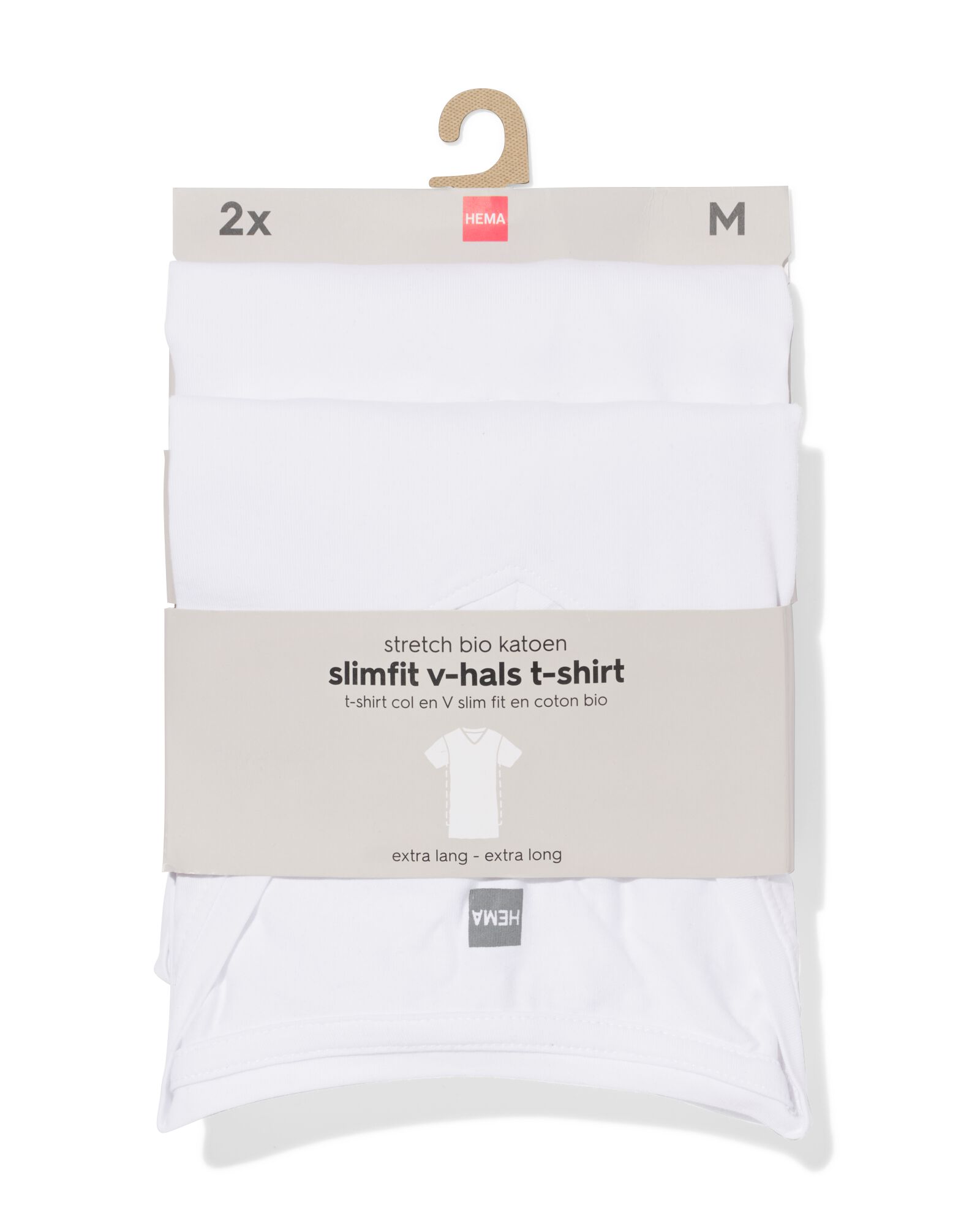 heren T-shirts slimfit v-hals extra lang - 2 stuks wit wit - 34290640WHITE - HEMA