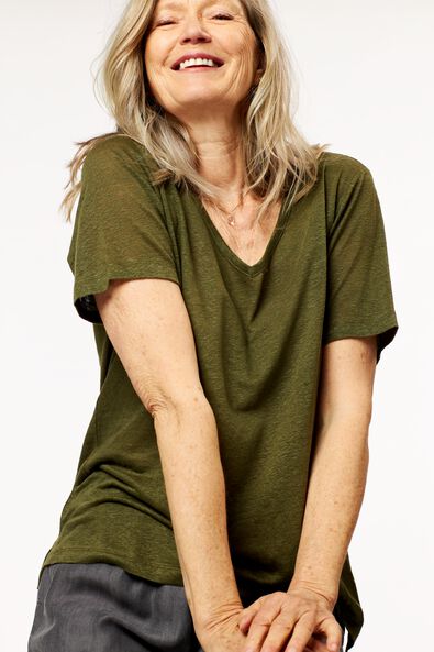 t-shirt femme lin olijf - 1000024305 - HEMA
