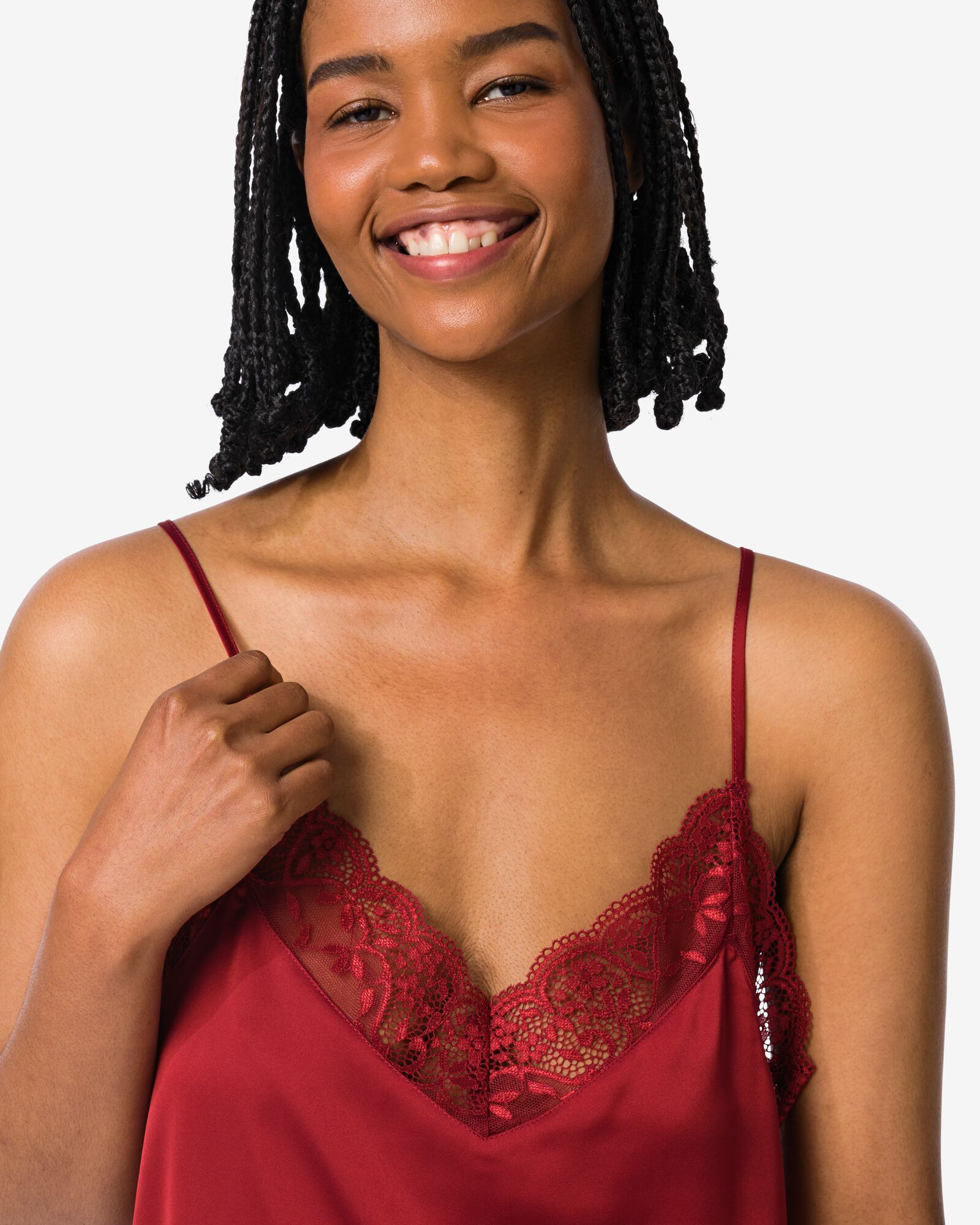 damespyjama satijn met kant rood XL - 23404654 - HEMA