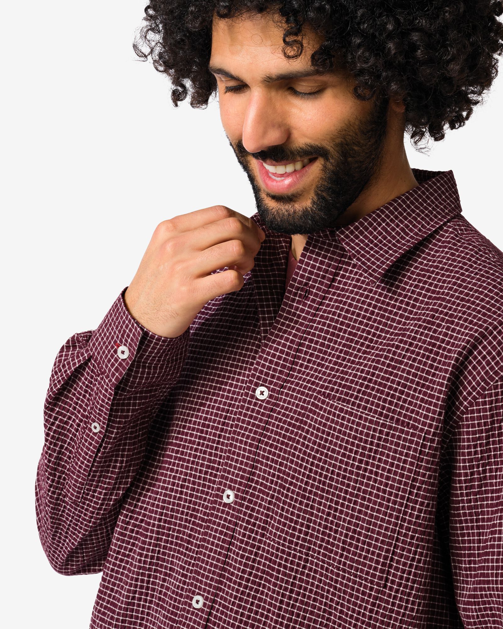herenoverhemd Maurice seersucker blokken bordeauxrood bordeauxrood - 2140050BURGUNDYRED - HEMA