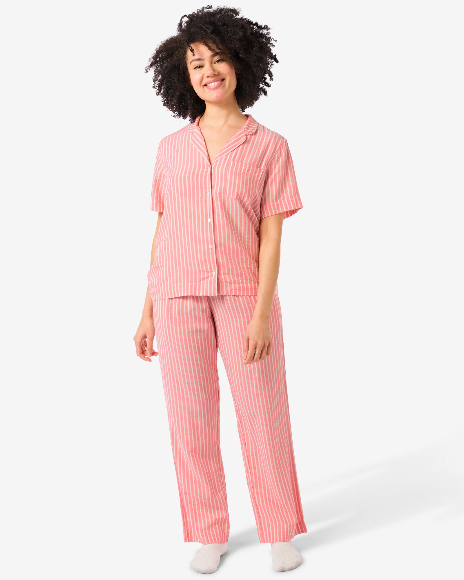 dames pyjamabroek seersucker strepen koraalroze - 23420514CORALPINK - HEMA