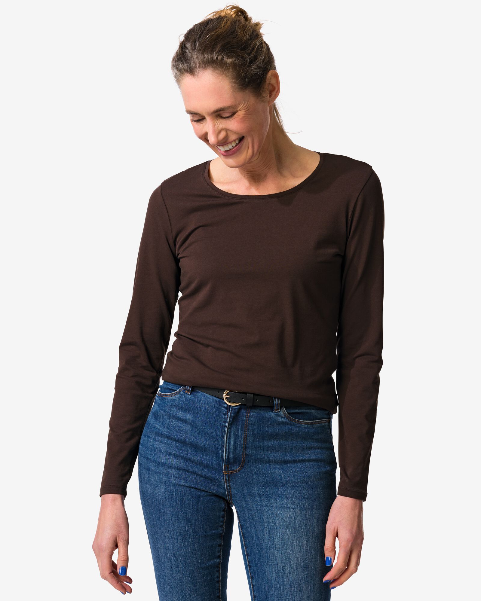 dames T-shirt slim fit o-hals bruin bruin - 36310370BROWN - HEMA
