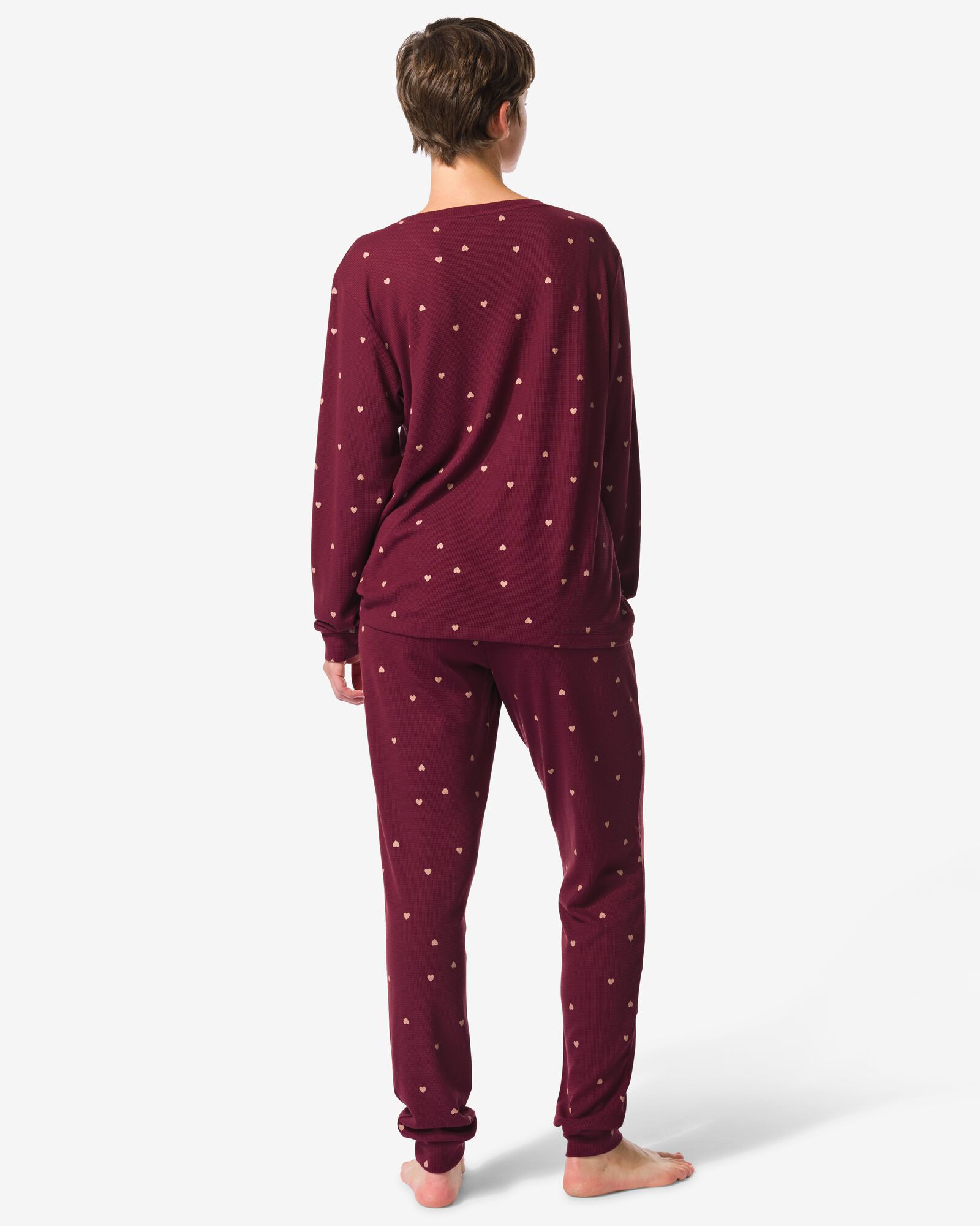 damespyjama viscose wafel hartjes bordeauxrood - 23407980BURGUNDYRED - HEMA