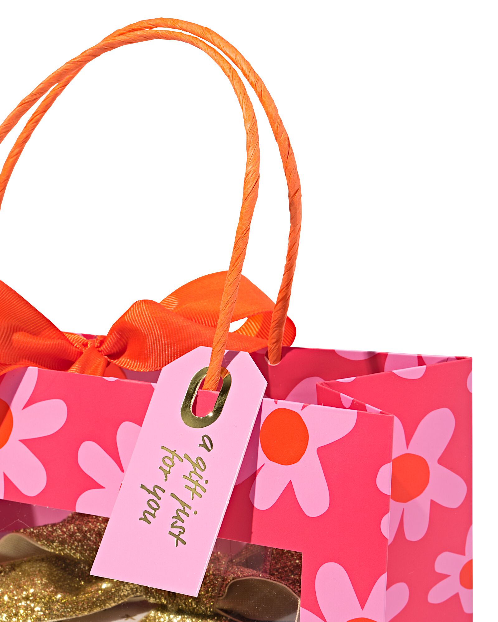 cadeautas 24x20x11cm bloemenprint met venster roze/oranje   - 61100300 - HEMA
