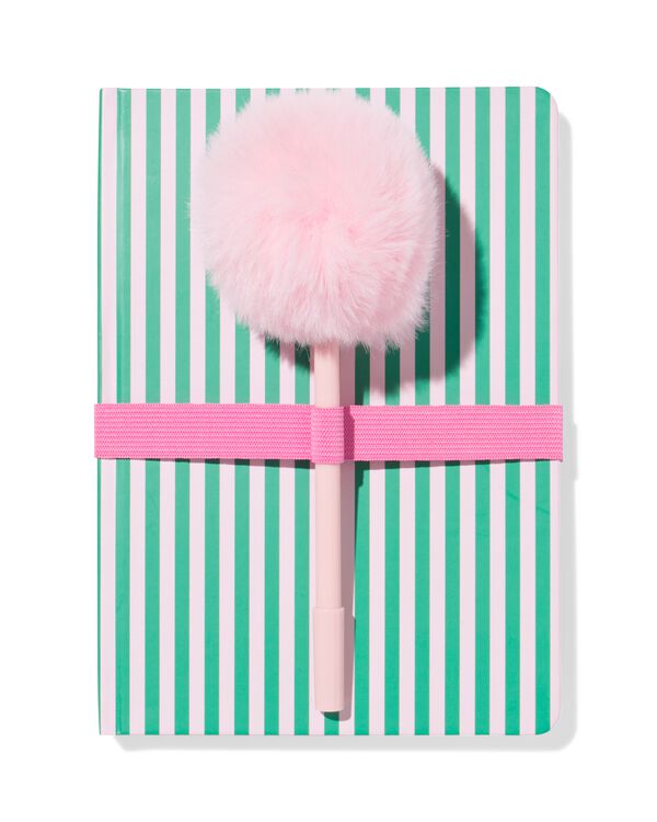 carnet vert-rose &agrave; rayures + stylo rose - 14100226 - HEMA