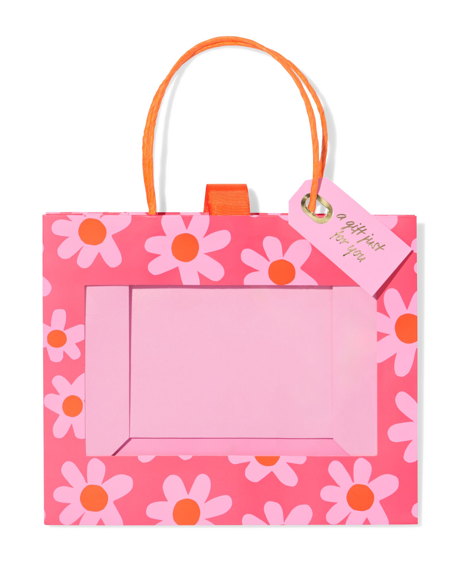 cadeautas 24x20x11cm bloemenprint met venster roze/oranje   - 61100300 - HEMA