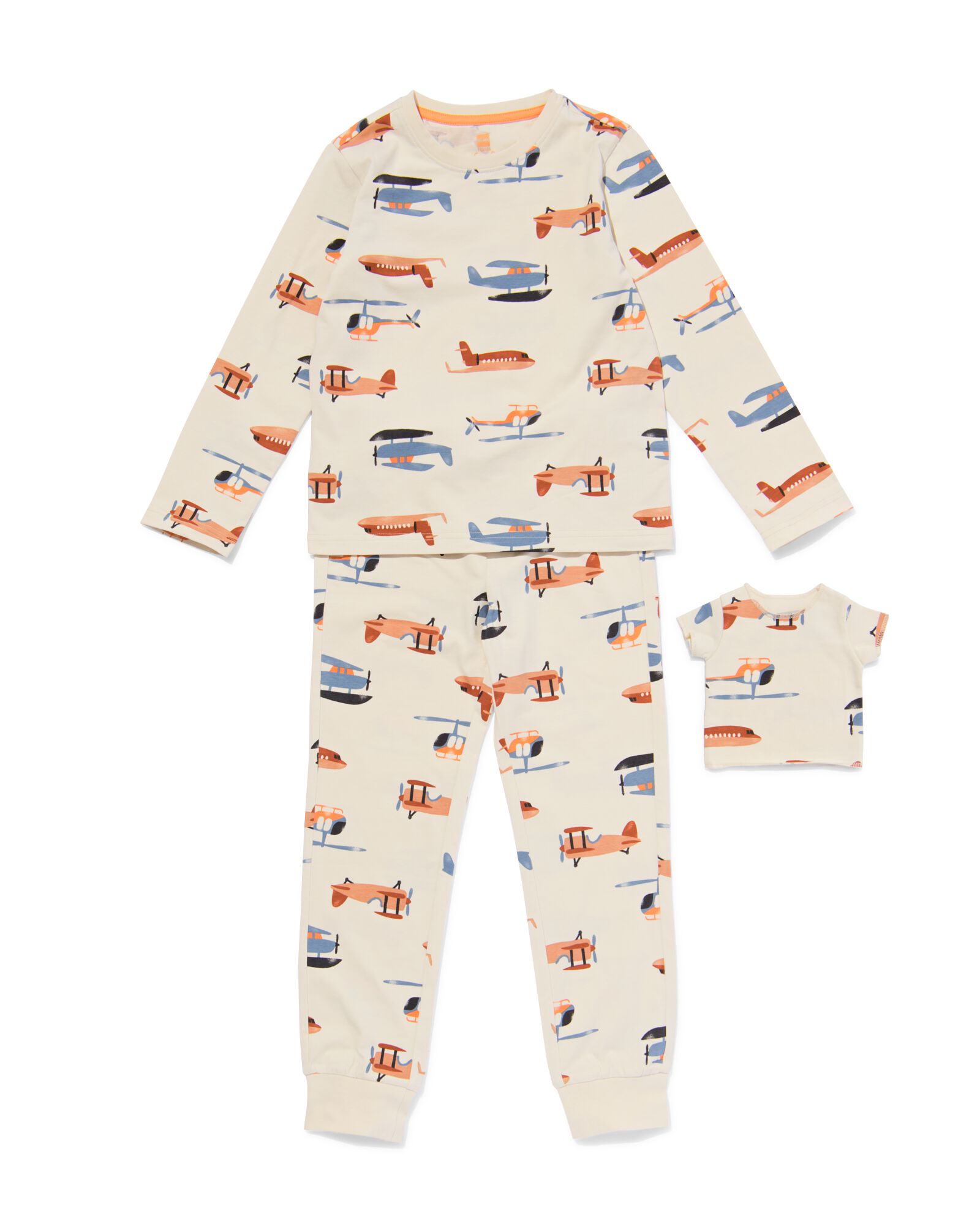Kinderpyjama Stretch-Baumwolle Flugzeug und Puppennachthemd eierschalenfarben - 23080640OFFWHITE - HEMA