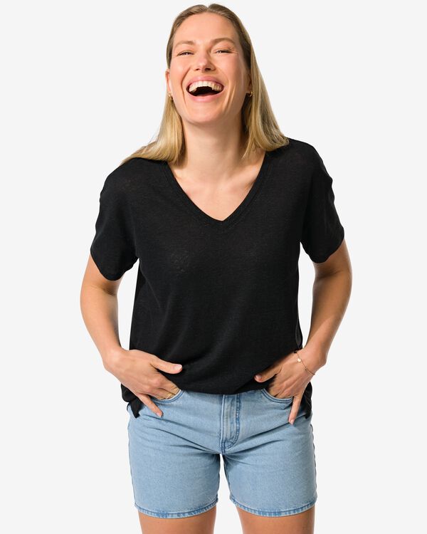 Damen-T-Shirt Evie, mit Leinenanteil schwarz schwarz - 36263550BLACK - HEMA