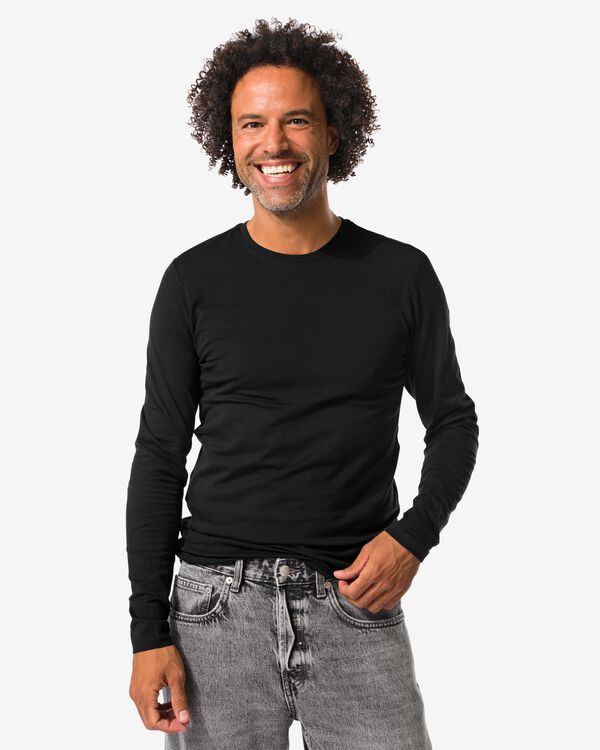 heren T-shirts lange mouw slimfit o-hals - 2 stuks zwart zwart - 34290690BLACK - HEMA