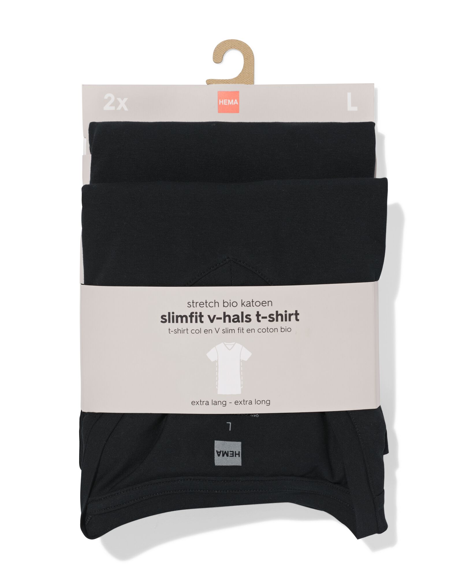heren T-shirts slimfit v-hals extra lang - 2 stuks zwart zwart - 34290650BLACK - HEMA