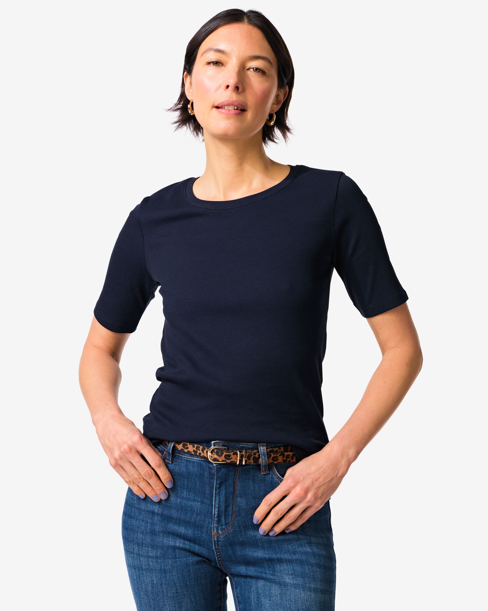 dames T-shirt Clara regular fit rib donkerblauw donkerblauw - 36310720DARKBLUE - HEMA
