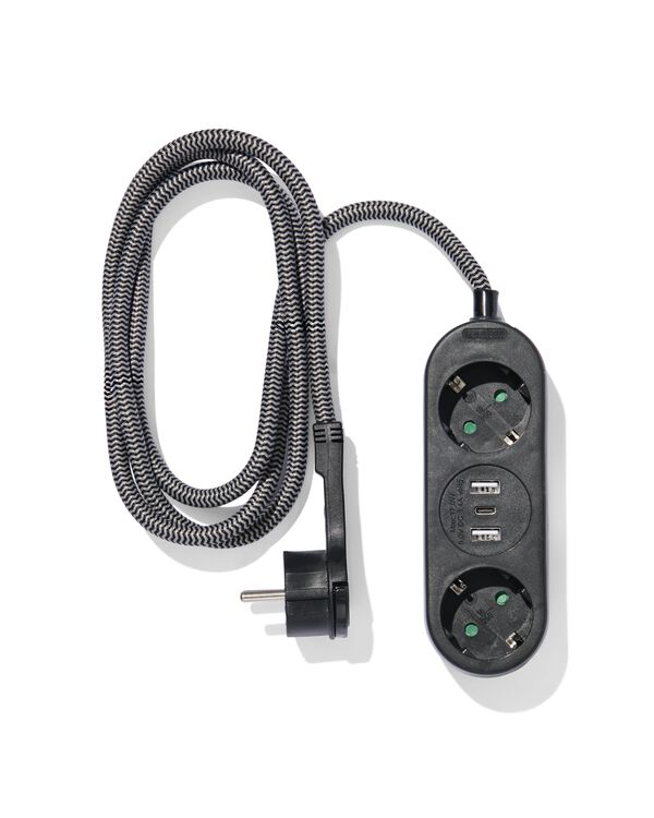 bloc multiprise 2 prises avec USB 1,5m noir - 81010015 - HEMA