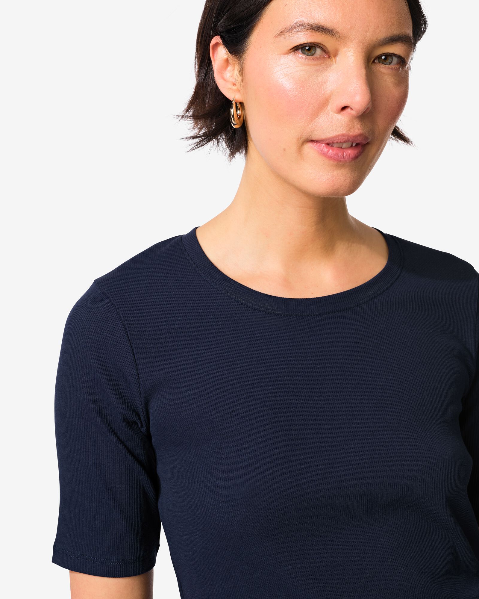 dames T-shirt Clara regular fit rib donkerblauw donkerblauw - 36310720DARKBLUE - HEMA