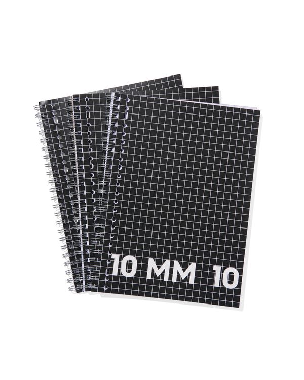 3 cahiers à spirale noirs format A4 - à carreaux 10mm - 14102928 - HEMA