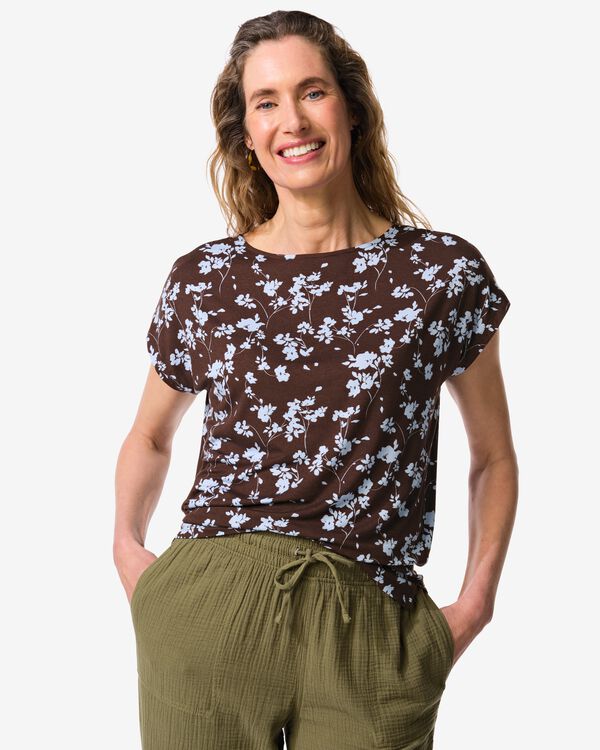 dames T-shirt Amelie jersey bloemen donkerbruin - 36304150DARKBROWN - HEMA